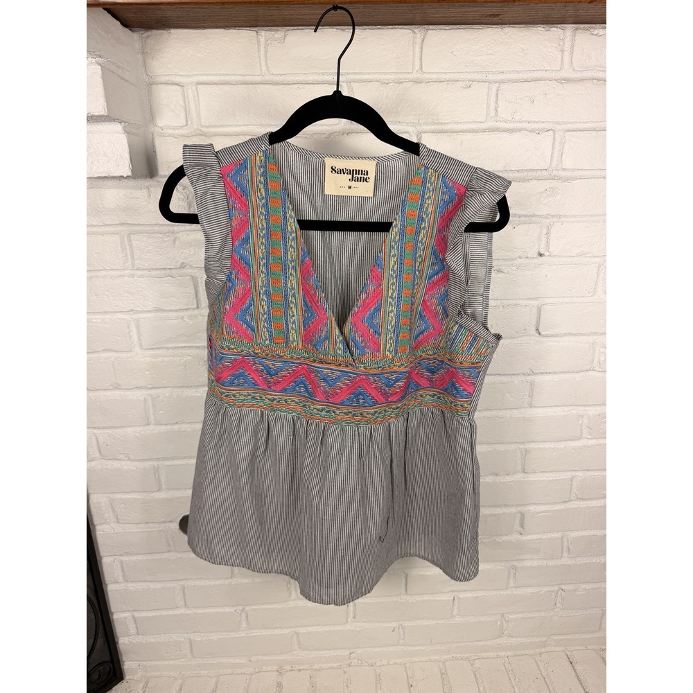 Savanna Jane M Striped Embroidered Peplum Top Boho Southwestern Flutter Sleeve